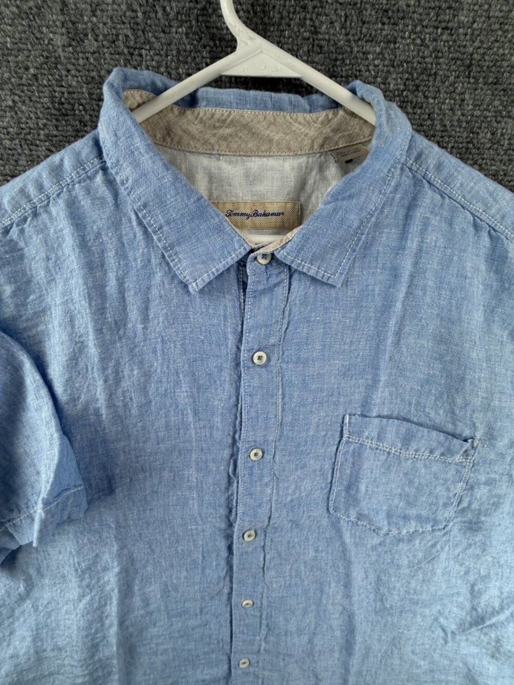 Tommy Bahama Short Sleeve Linen 2XL Blue Pocket Beach Solid Button Up Shirt Men